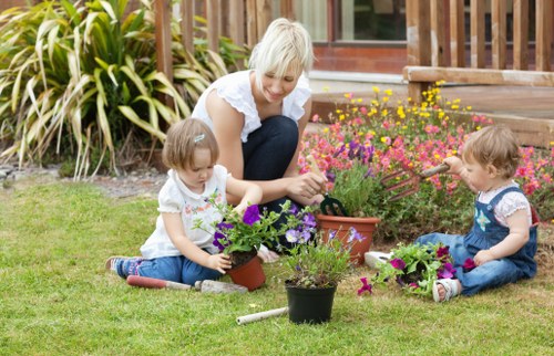 Illustration of a tidy Islington garden with tools